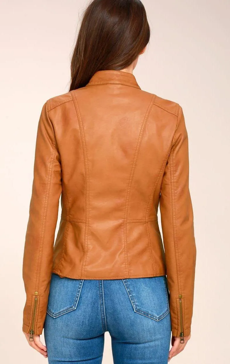 Lulus Peace of Mind Tan Vegan Leather Moto Jacket - Image 3