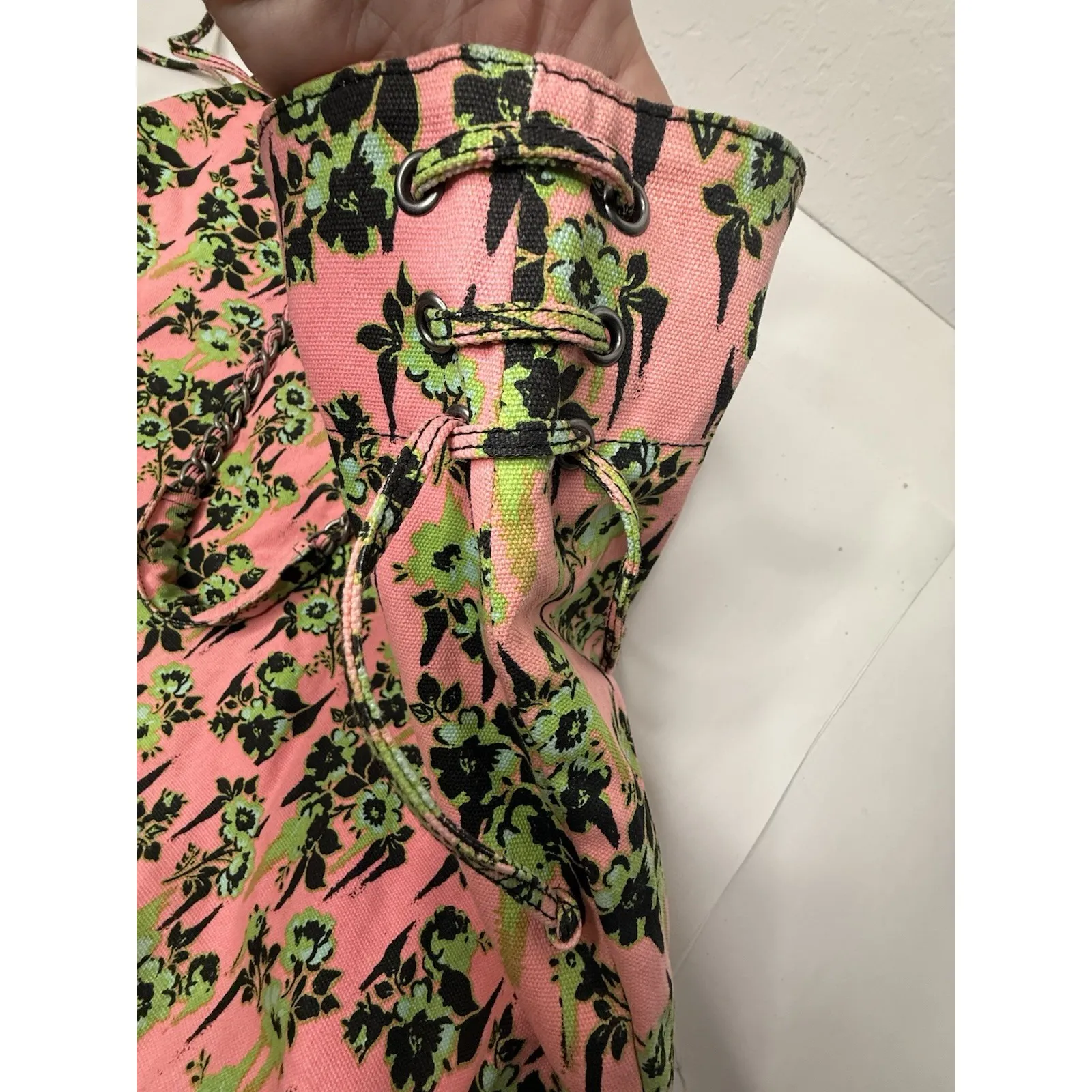 Volcom 2000s Pink‎ Green Floral Large Tote Bag Chain Handles Hobo Beach Casual - Image 12