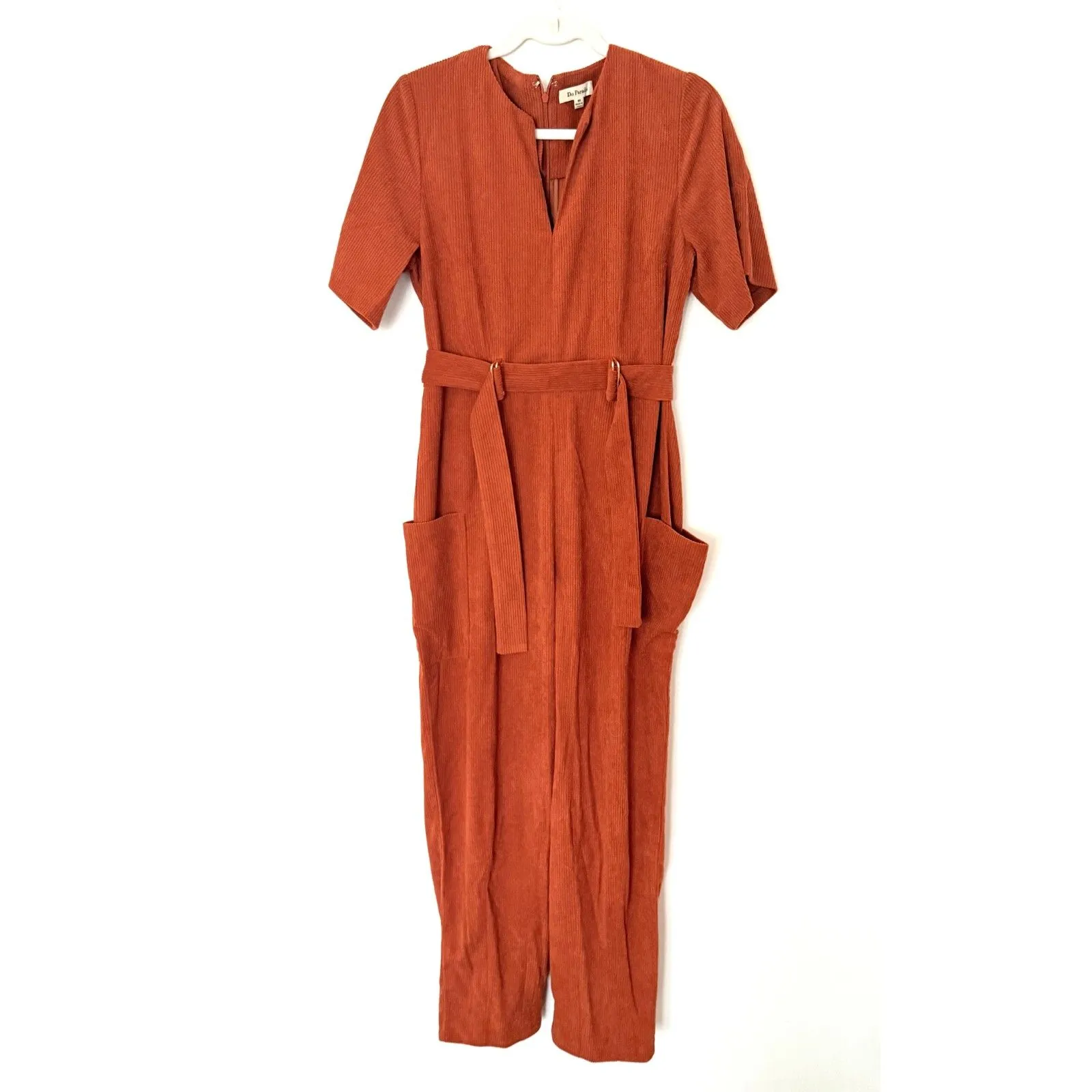 NWOT Du Paradis Corduroy Belted Rust Short Sleeve Tapered Leg Jumpsuit Sz M Orange Size M - Image 2