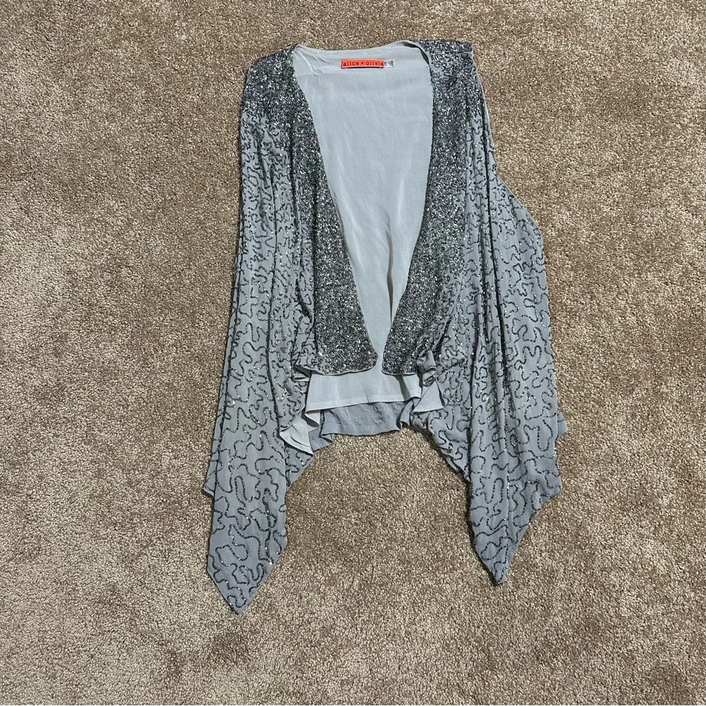 Alice + Olivia Silver Sequin Beaded Best Handkerchief Hem Boho Glam Festival M - Image 3