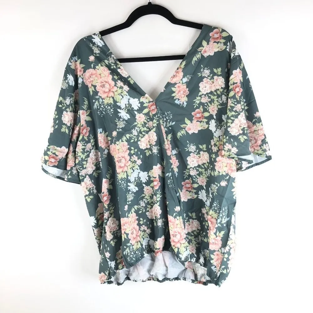 Bloomchic Womens V-Neck Blouse Floral Short Sleeve Elastic Hem Green Pink 14-16 - Image 2