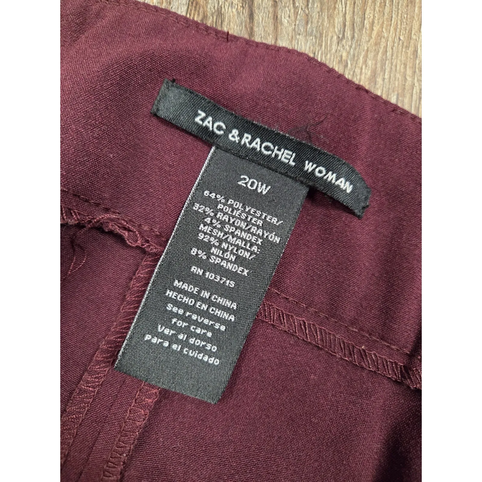 Zac + Rachel Maroon Dark Red Women's Straight Leg Dress Pants Plus Size 20W - Image 2