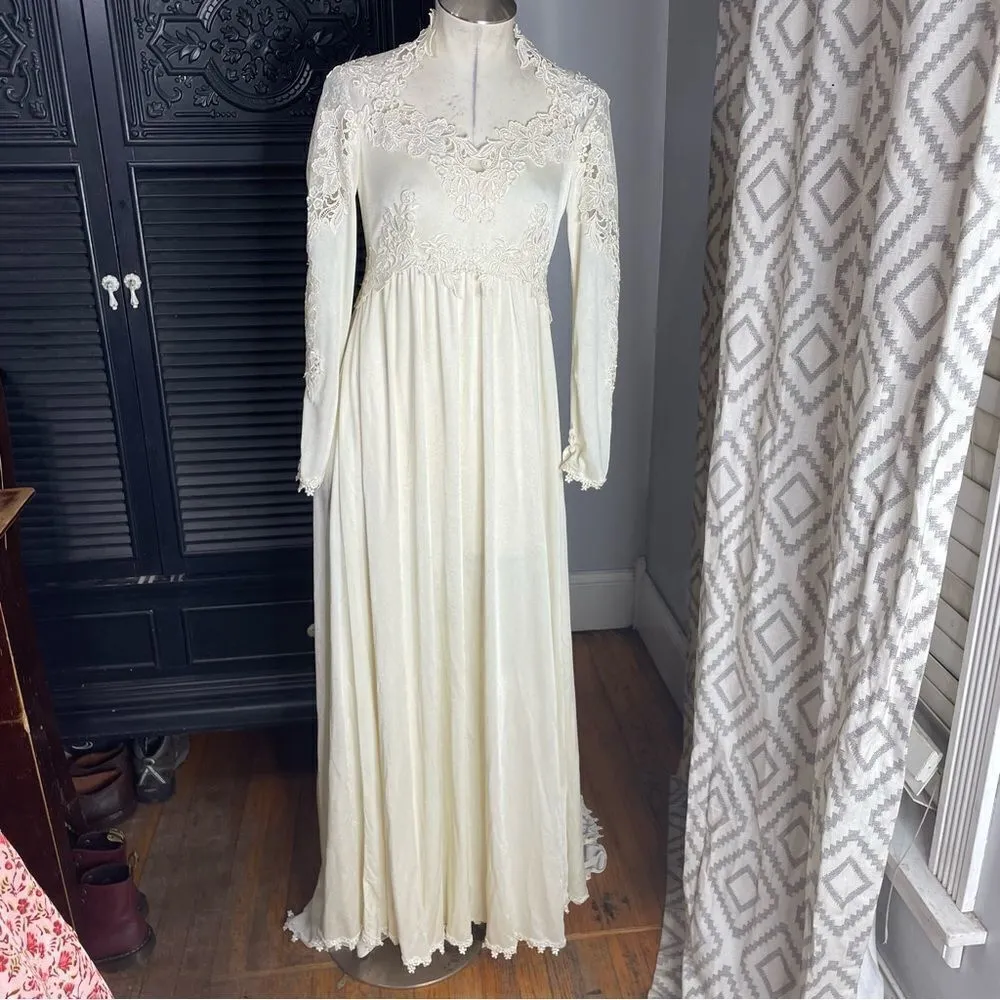 Vintage‎ 70s Bohemian Peasant Hippie Jersey Lace Top Empire Wedding Gown Train 2 - Image 2