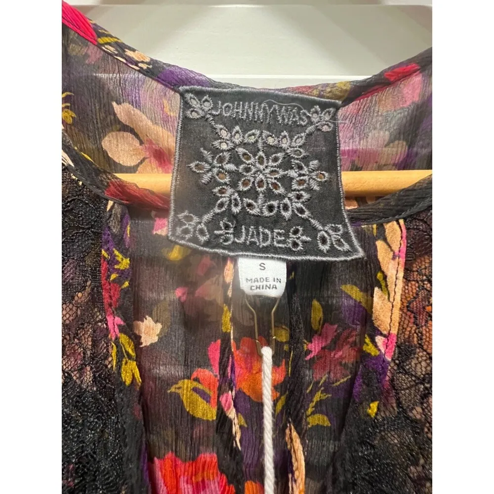 Johnny Was Black Floral Lace Blouse Sheer Long Sleeve Bohemian Peasant Top Small - Image 14