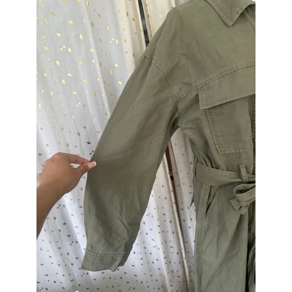 Oat New York 100% Cotton Twill Self Tie Belt Cargo Pockets Utility Jumpsuit L Green Size L - Image 4