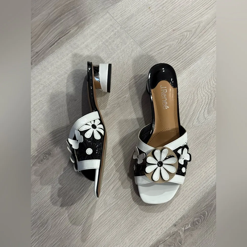 J.Renee Women’s Davina Black & White Patent/ Mesh Floral Sandals Size 8.5 - Image 3