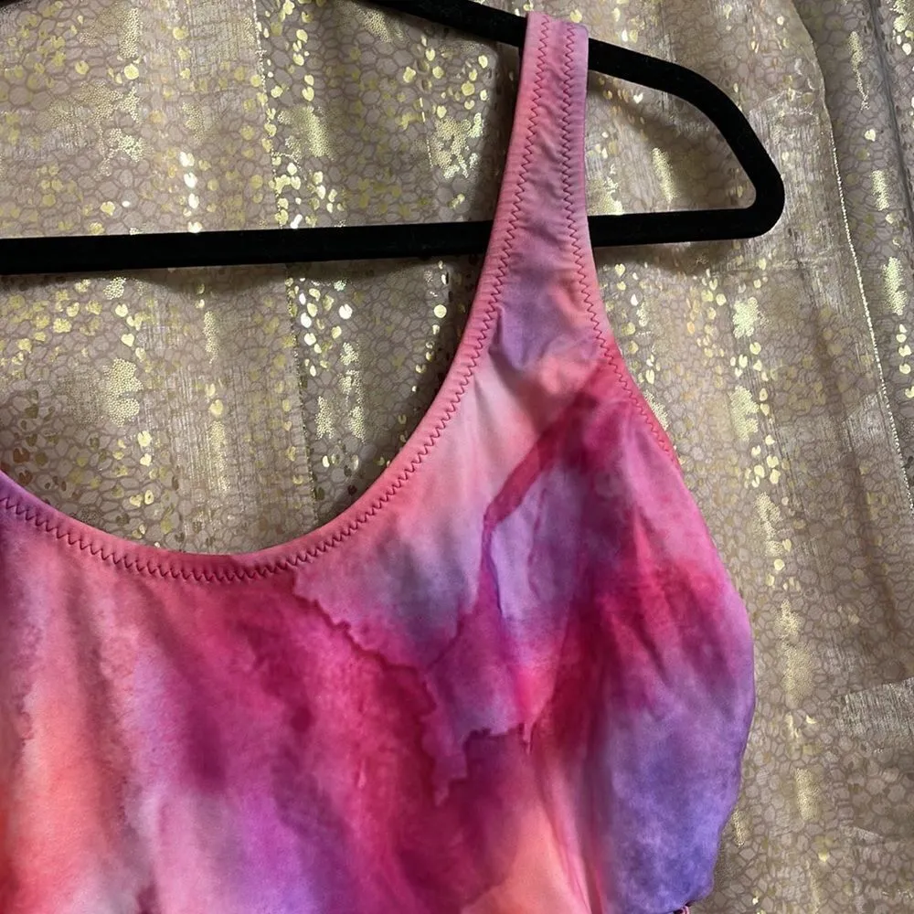Watercolor one piece swimsuit, pink, purple, peach womans size L, EUC Pink Size L - Image 2