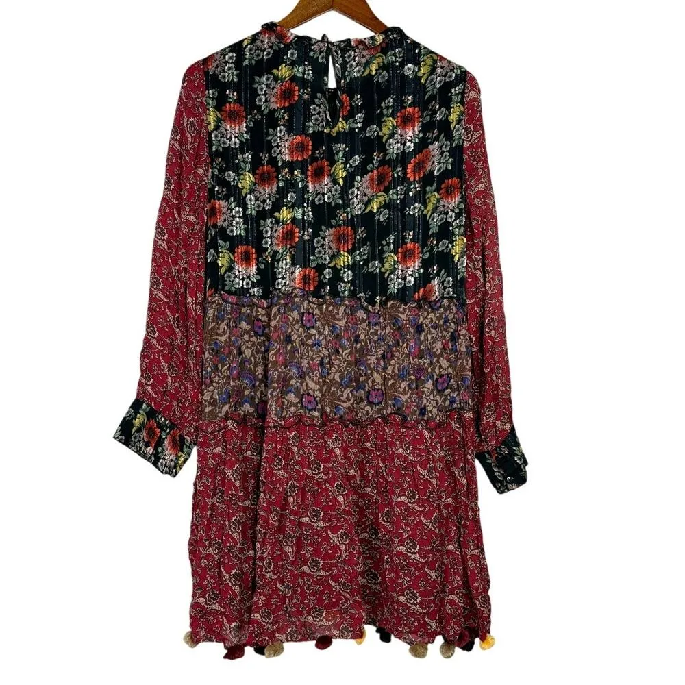 Zara Floral Patchwork Tiered Pompom Semi Sheer Peasant Mini Dress M Black Red - Image 6