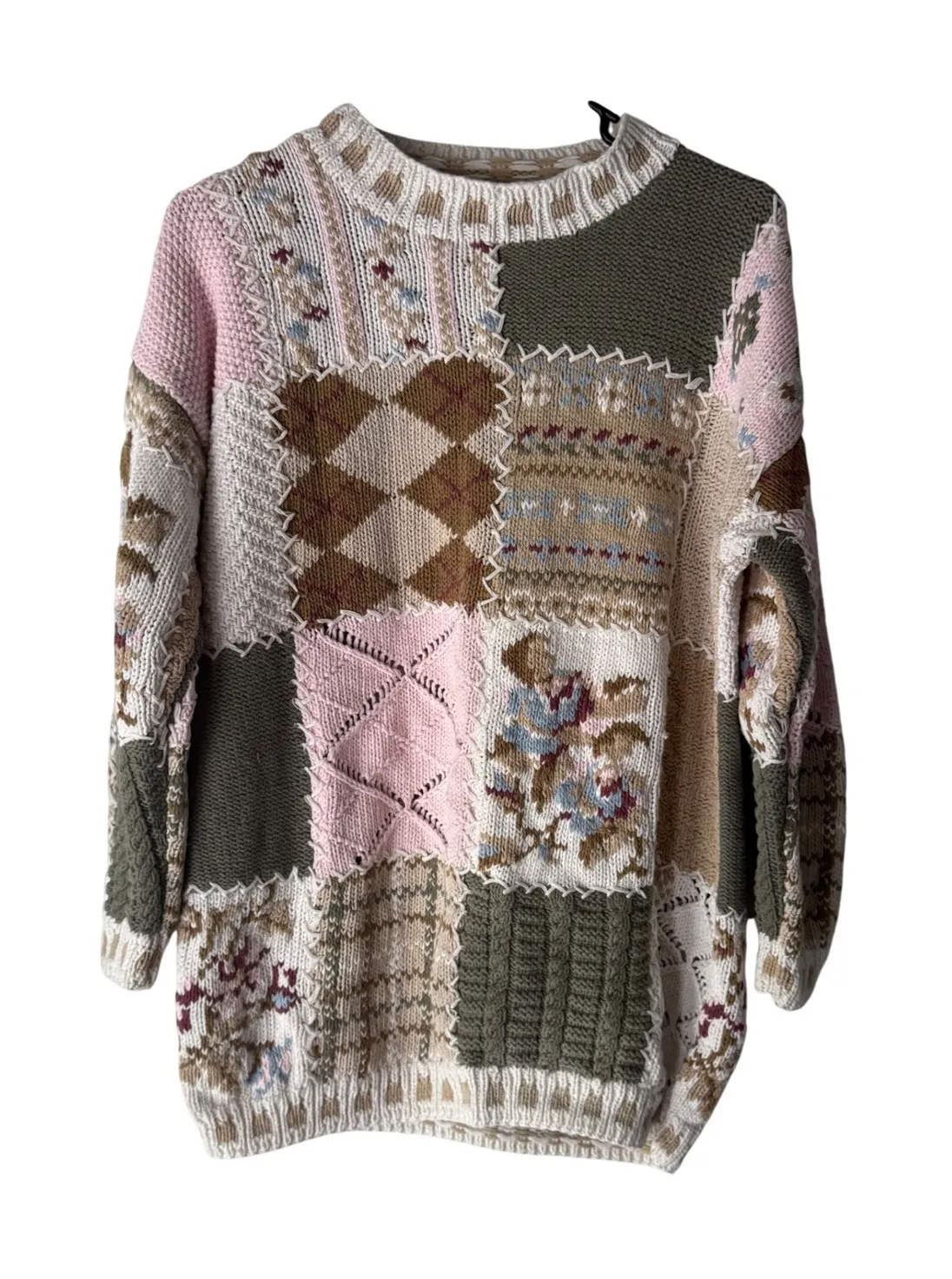 Cottage Granny Vintage 90s Chunky Hand Knitted Patchwork Sweater M Pink Floral Size M - Image 1