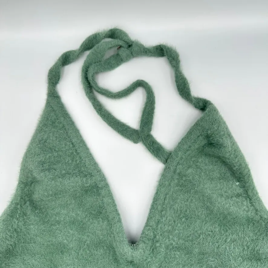 Gymshark Whitney Simmons Fuzzy Knit Halter Top Sage Green Cropped XL - Image 2