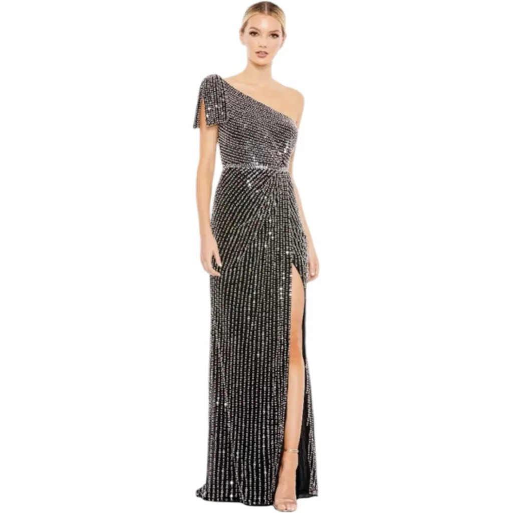 Mac Duggal Pearl Embellished Soft Tie One Shoulder Gown Size 6 Style #93735 NWT - Image 3