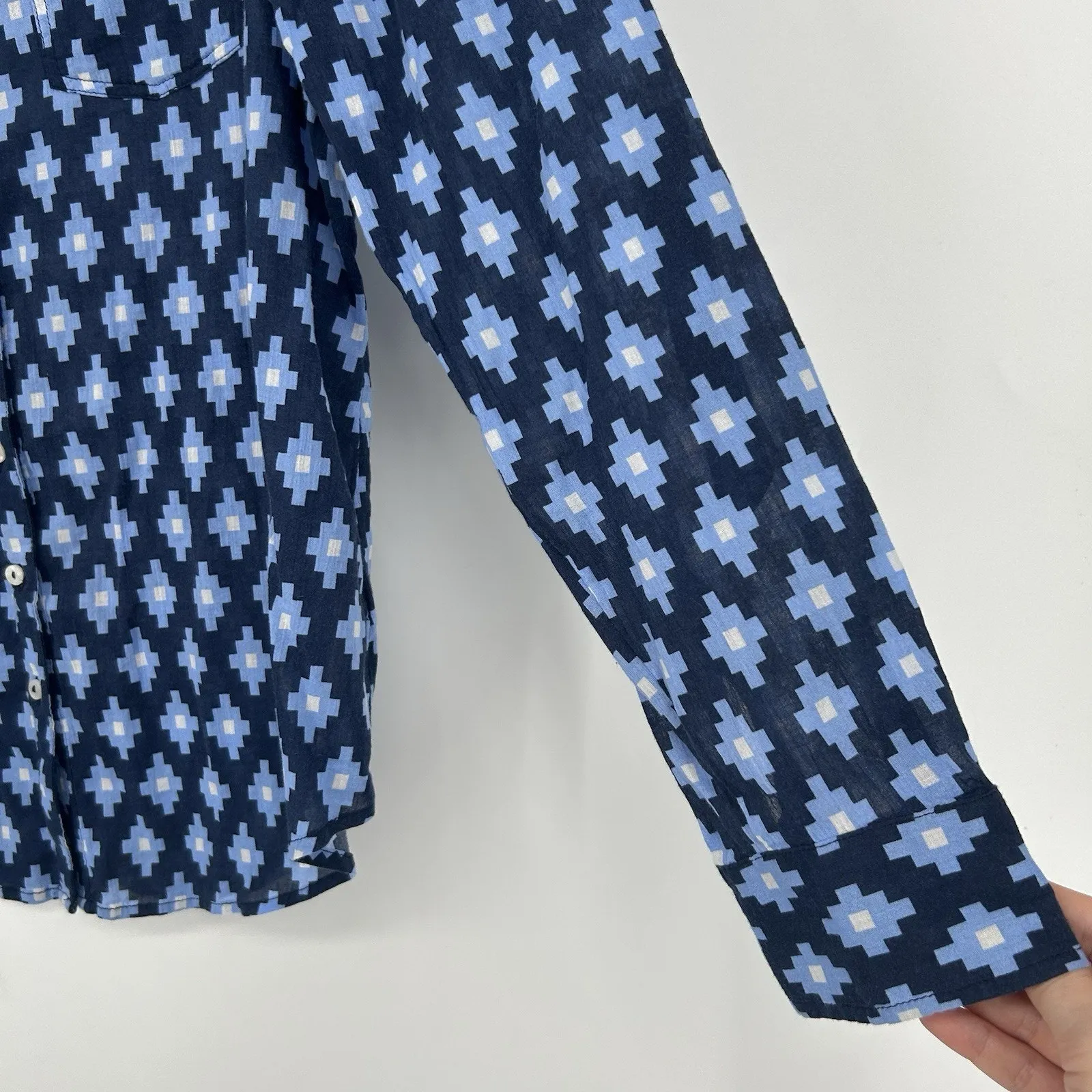 Carve Designs Organic Cotton Button Up Shirt Blue Boho Roll Tab Sleeves Size M - Image 3