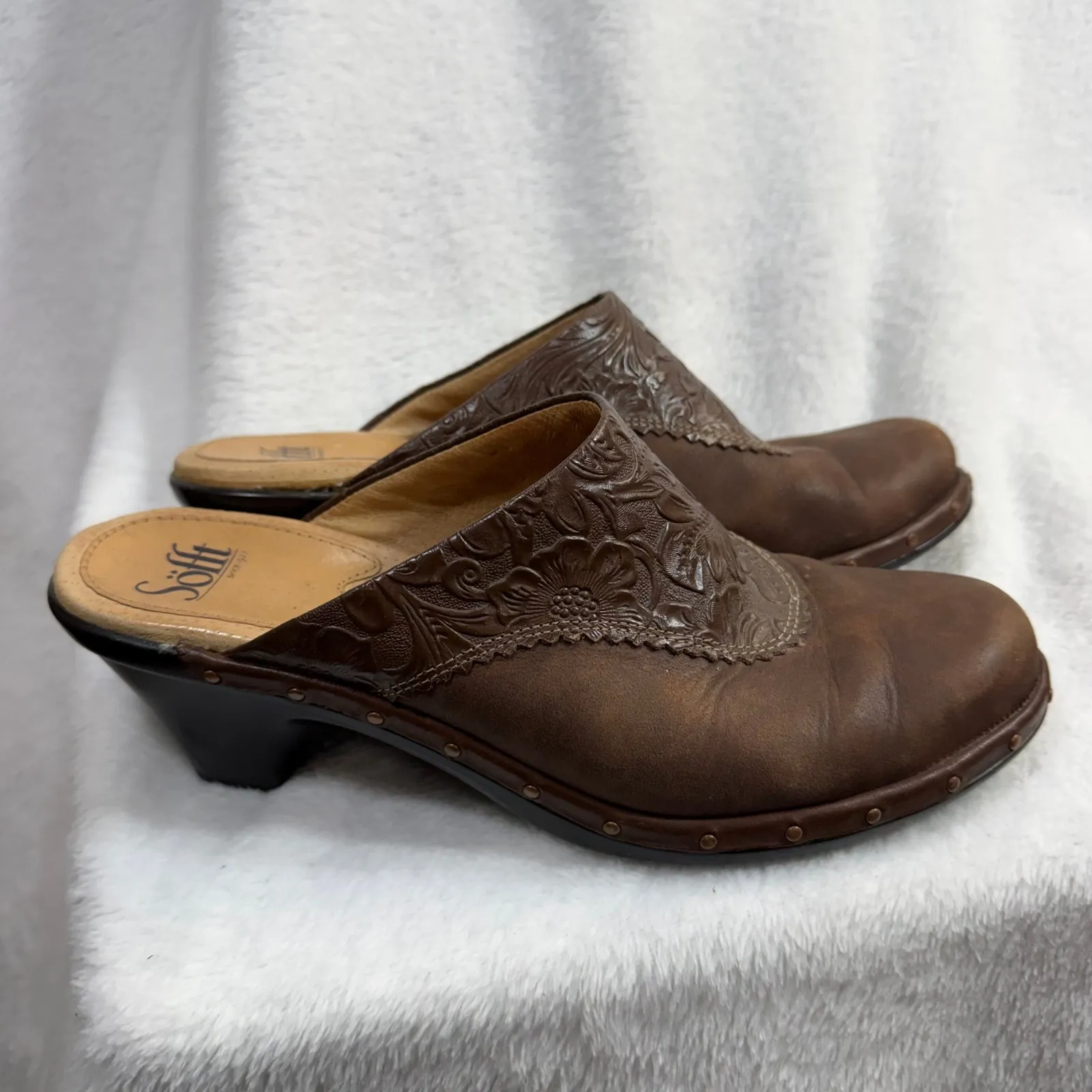 Sofft 8.5 Clog Heel Brown Embossed Leather Cottage Floral Fairy Boho Western Y2K - Image 3