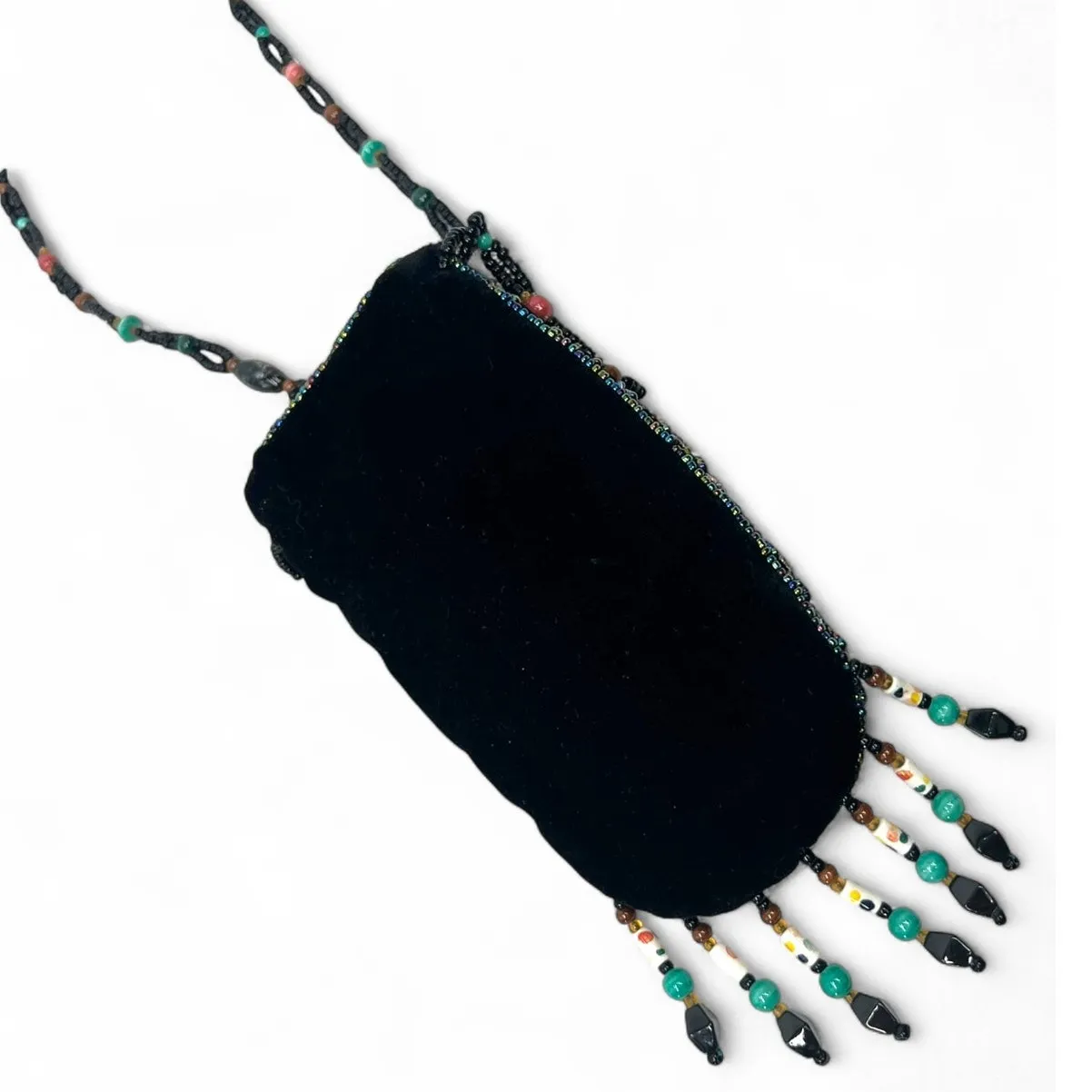 velvet beaded necklace pouch with a green center stone Crossbody Bag Native Black - Image 3