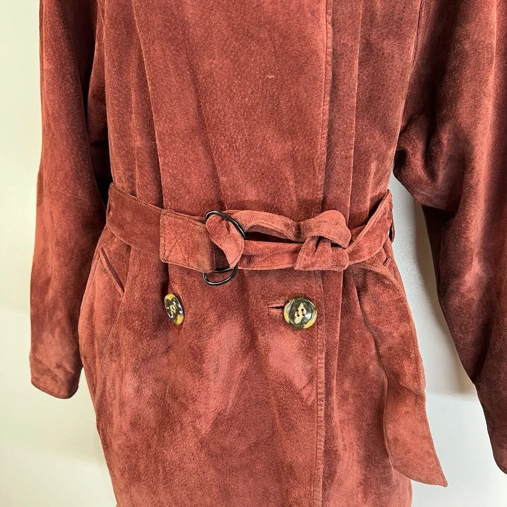 Vintage Henri Bendel Suede Coat Red Leather Belted Double Breasted Cherry - Image 10