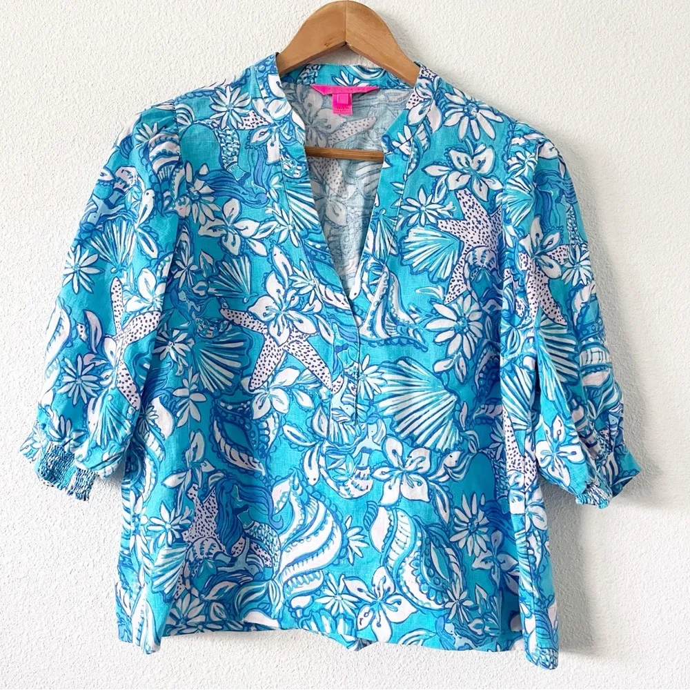 Lilly Pulitzer Maleigh Elbow Sleeve Linen Top in Amalfi Blue - Image 2