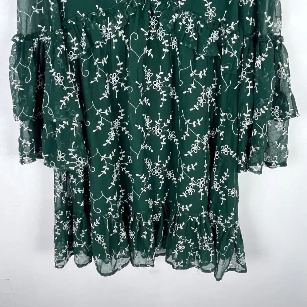 Coast Floral Embroidered Bell Sleeve Ruffle Hem Dress Green US Size 6 EUC - Image 3