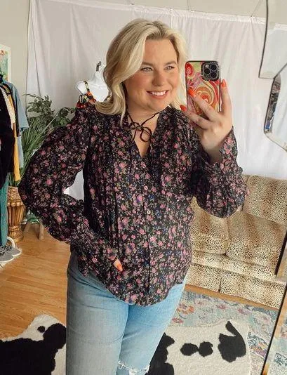 Free People Floral Tie Neck Balloon Sleeve Blouse Size Small - Image 3