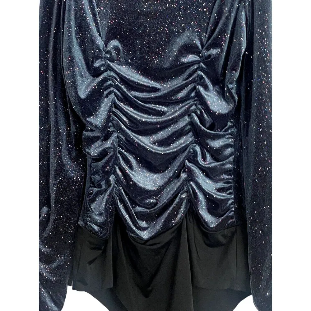 ZARA Velvet Glitter Ruched Longsleeve Mock Neck Bodysuit Snap Crotch M Navy Blue - Image 9