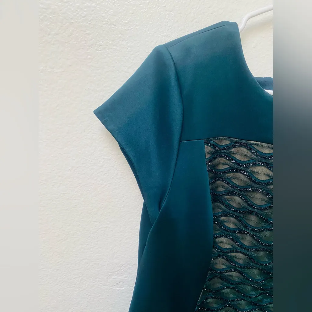 CONNECTED Apparel sz 14Sheath Dress Stretch Knit Maroon Green Nude LaceFront - Image 6