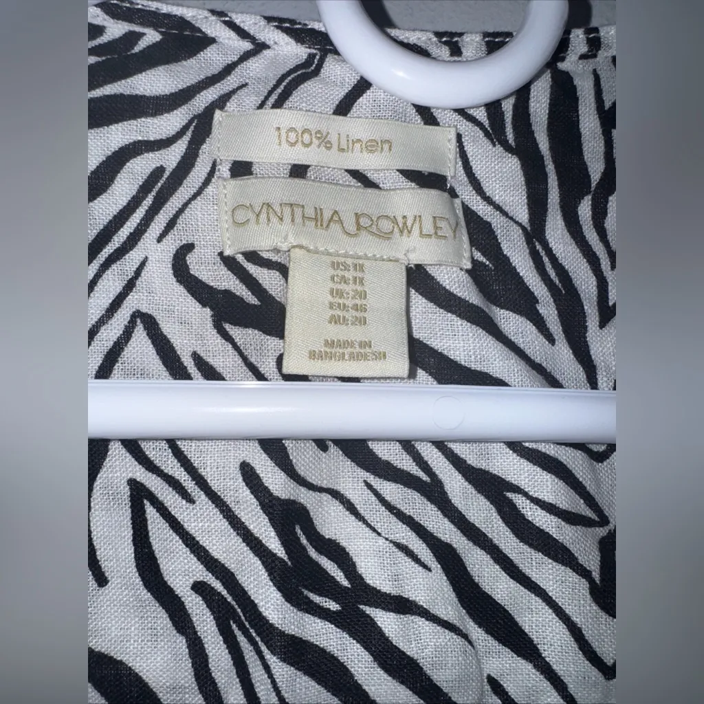 Cynthia Rowley Womens Black Zebra Print 100%‎ Linen Button Up Blouse Size 1X - Image 3