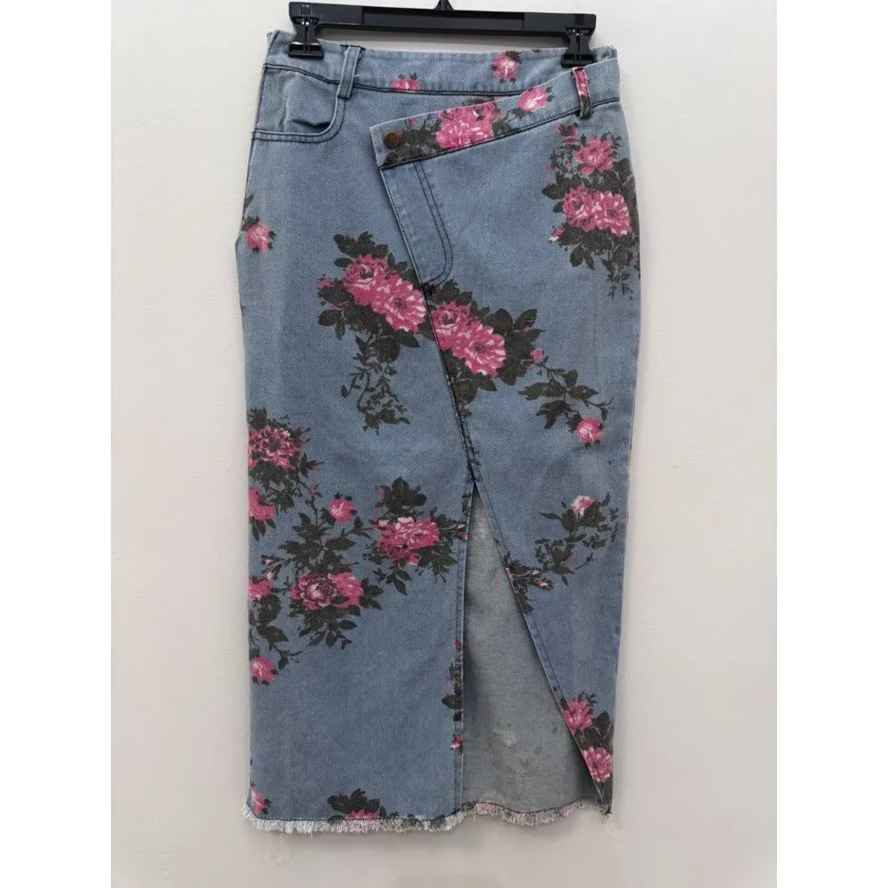 Floral Print Cropped Top Crisscross Waist Thigh-high Slit Jeans Skirt Size S/M - Image 6
