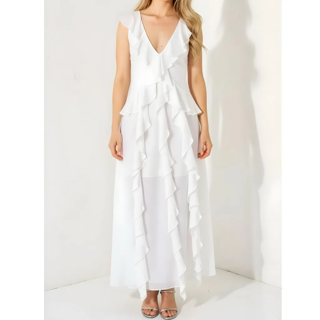 MISA LOS ANGELES Claudita Ruffle Maxi Dress, White, XS - Image 2