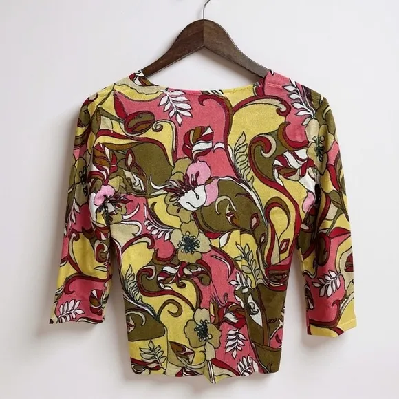 Joseph A Retro Floral 70s Print Top Small V-Neck Fitted 3/4‎ Sleeve - Image 5