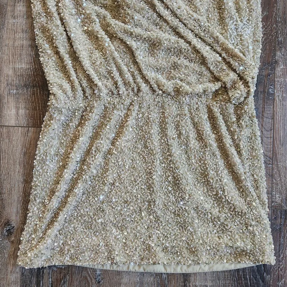 Retrofete Mini Sequin Dress Faux Wrap Sleeveless Tan/Brown Size Medium - Image 4