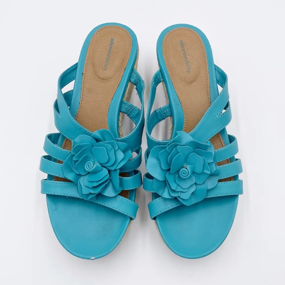 Solesenseability Mona Blue Faux Leather Flower Embellished Wedge Sandals 9.5 - Image 4