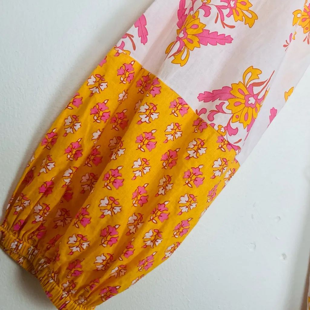 J. Crew orange, pink and white floral block, print puff sleeve mini dress. Small - Image 3