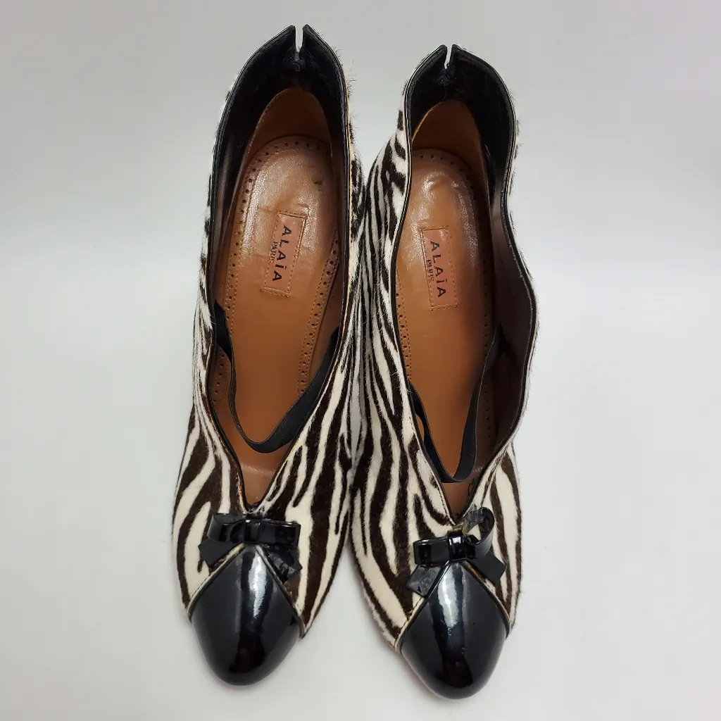 Alaia Azzedine Calfskin Pony Hair Zebra Animal Print Heel Booties Size 37 Black - Image 13