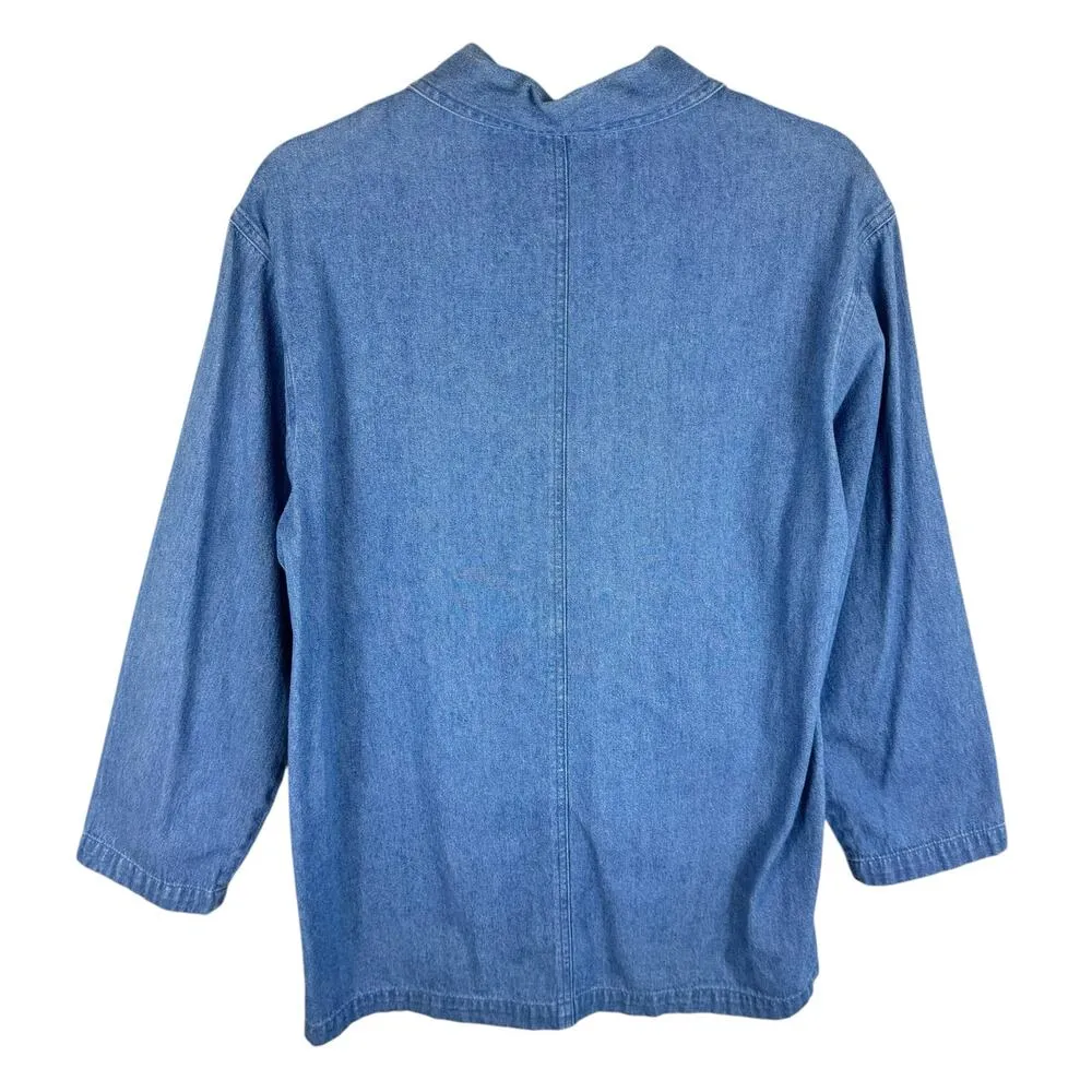 PBJ Sport Vtg Garden Floral Embroidered Collared Button Up Jean Chore Coat Sz XL Blue - Image 2