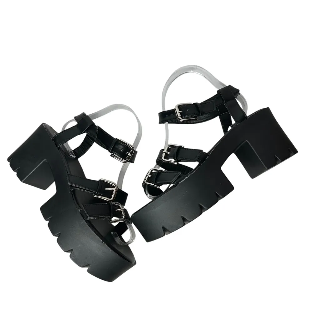 New Faux Leather Chunky Black Platform Sandals 8 Strappy Design - Image 2