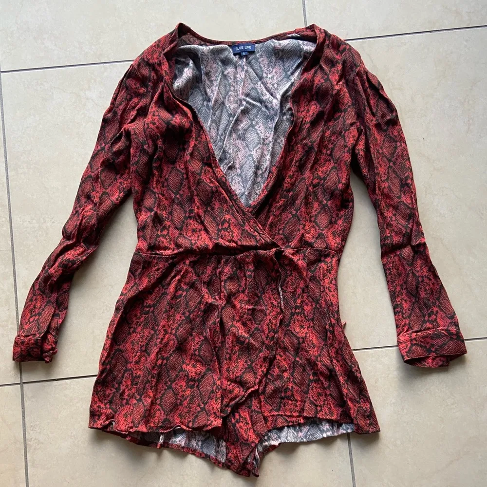 Planet Blue Red Snakeskin Wrap Front Deep V Romper - Image 4