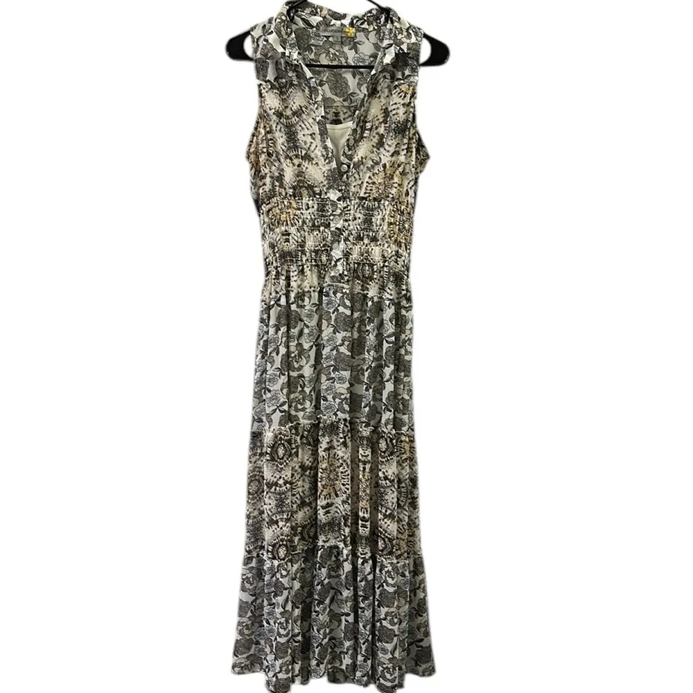 Figueroa Flower Sleeveless Floral Button Up Tiered Collared Dress & Cami Slip S Gray - Image 9