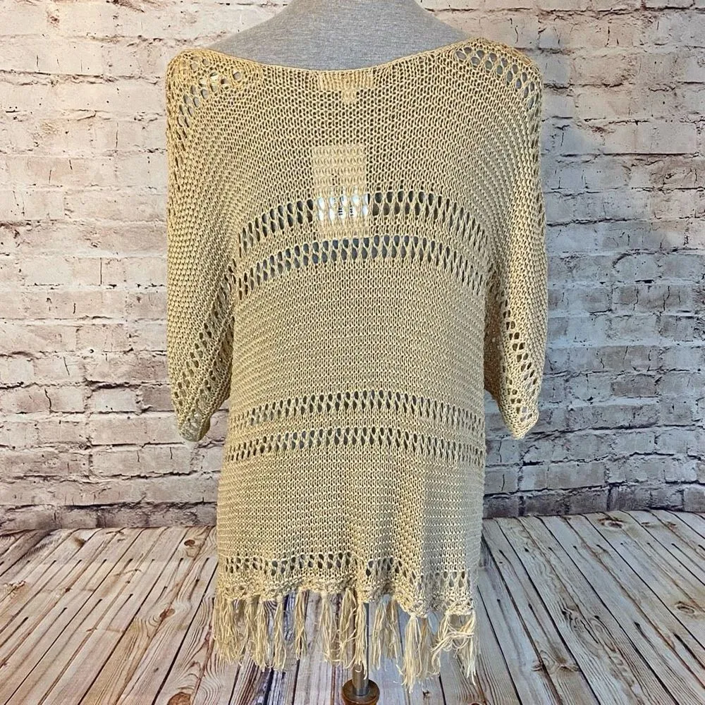 ee:some Womens Open Knit Top Fringe Acrylic Blend Short Sleeve Tan Taupe Medium - Image 5