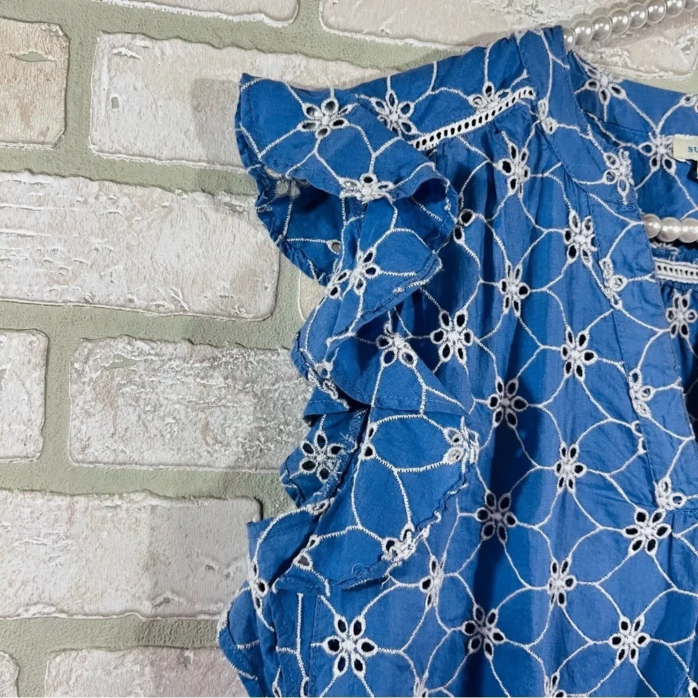 Sundance Florina Blue Short Flutter Sleeve Eyelet Cotton Top Size XS - Image 5