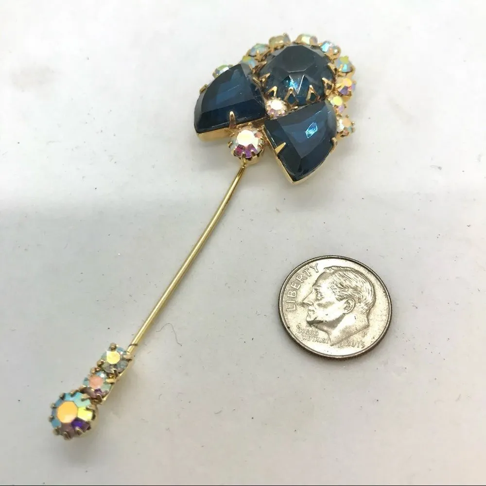Rhinestone Geometric Brooch Stick Pin Vintage 60s Sapphire Blue Aurora B… - Image 13