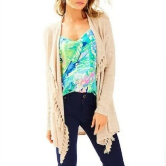 Lilly Pulitzer Lucita Fringe Tassels Cardigan Sweater Camel Tan Boho Festival - Image 2