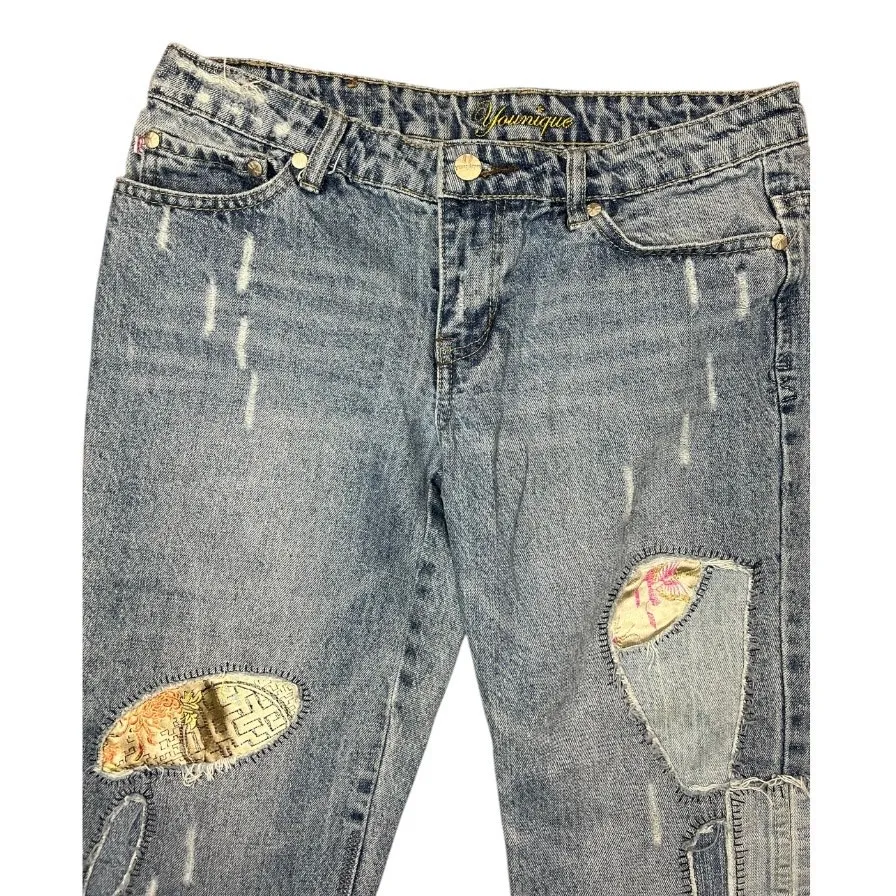Y2K boho jeans capri patchwork boho hippie distressed artsy streetwear cropped Blue Size undefined - Image 5