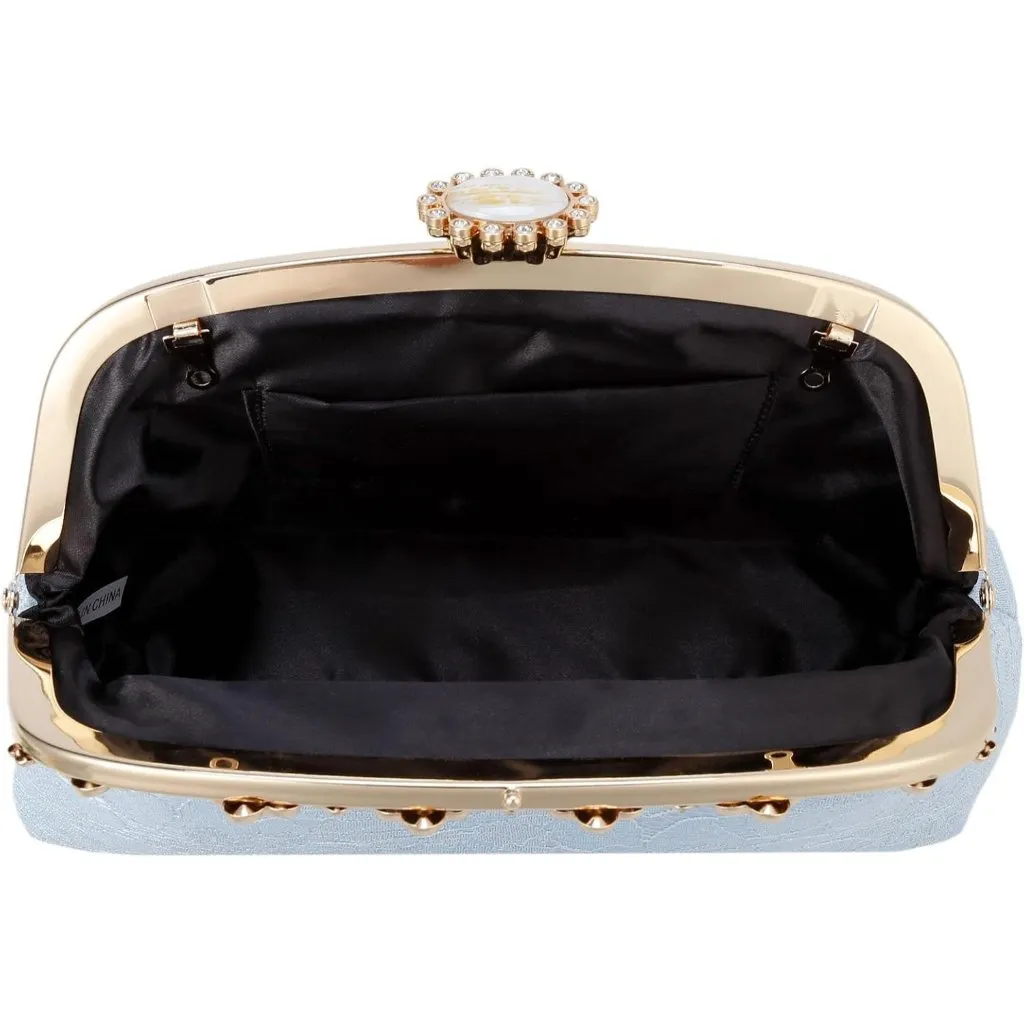 ⚡ Women's Light Blue Fabric Lace Pearl Chain Rhinestones Shoulder Clutch Bag - Image 9
