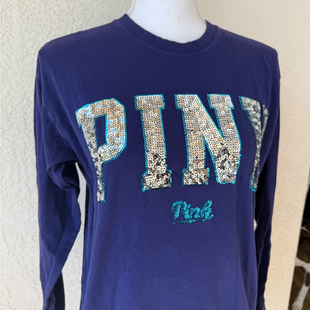 Victoria Secret PINK Silver Sequin Logo Tunic Crew Tee Long Sleeve Top Shirt XS Blue - Image 3