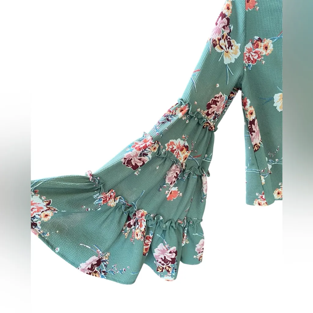 Altar’d State Women’s Small Sage Green Floral Bell Sleeve Ruffle Boho Chic Top - Image 2