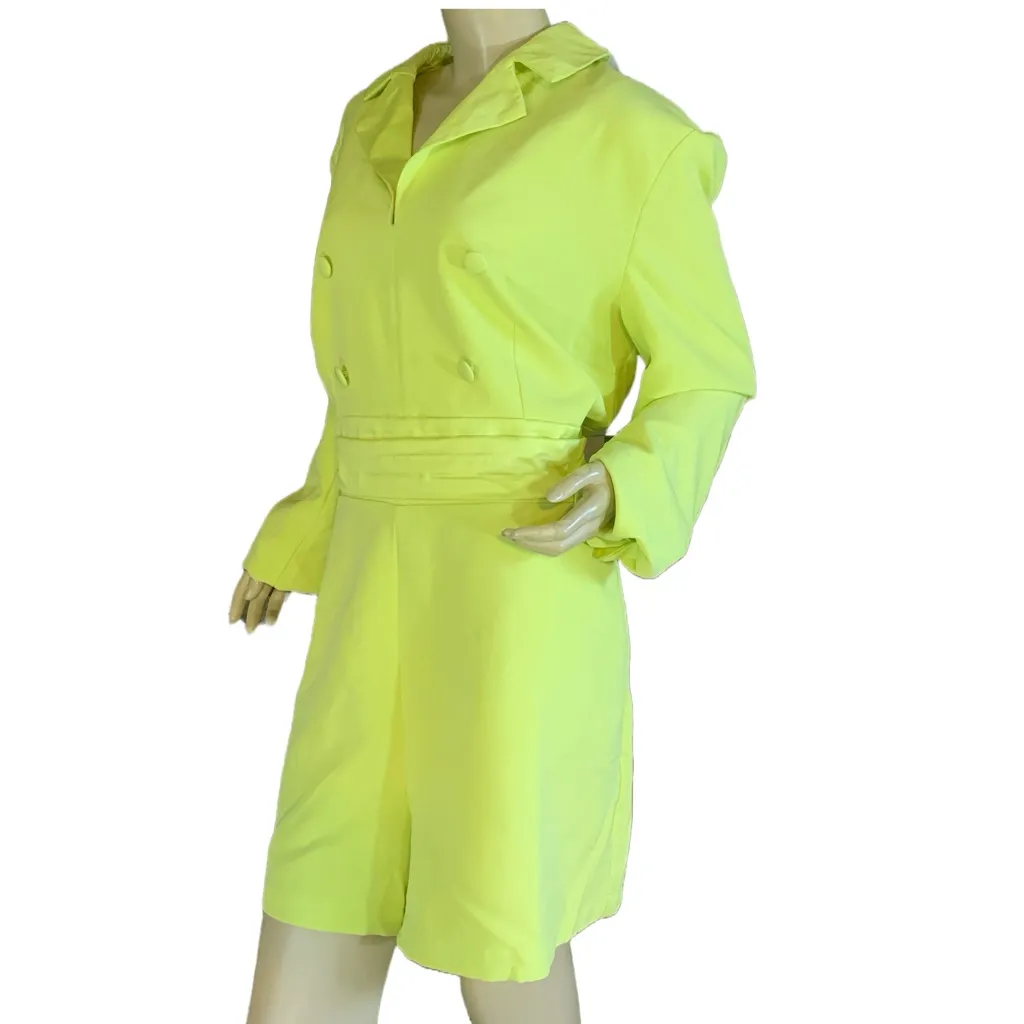NEW YORK AND COMPANY HIGHLIGHTER YELLOW LONG SLEEVE ROMPER SHORTS NWT (XXL) - Image 6