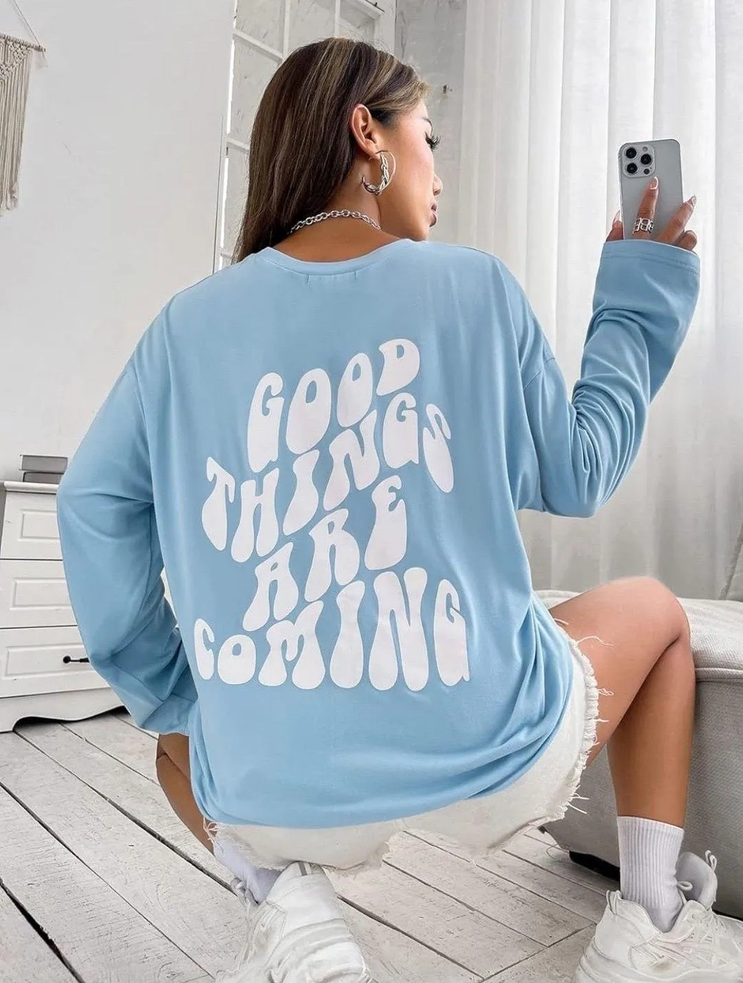 Good Things Are Coming Long Sleeve Graphic Tee XS Blue - Image 3