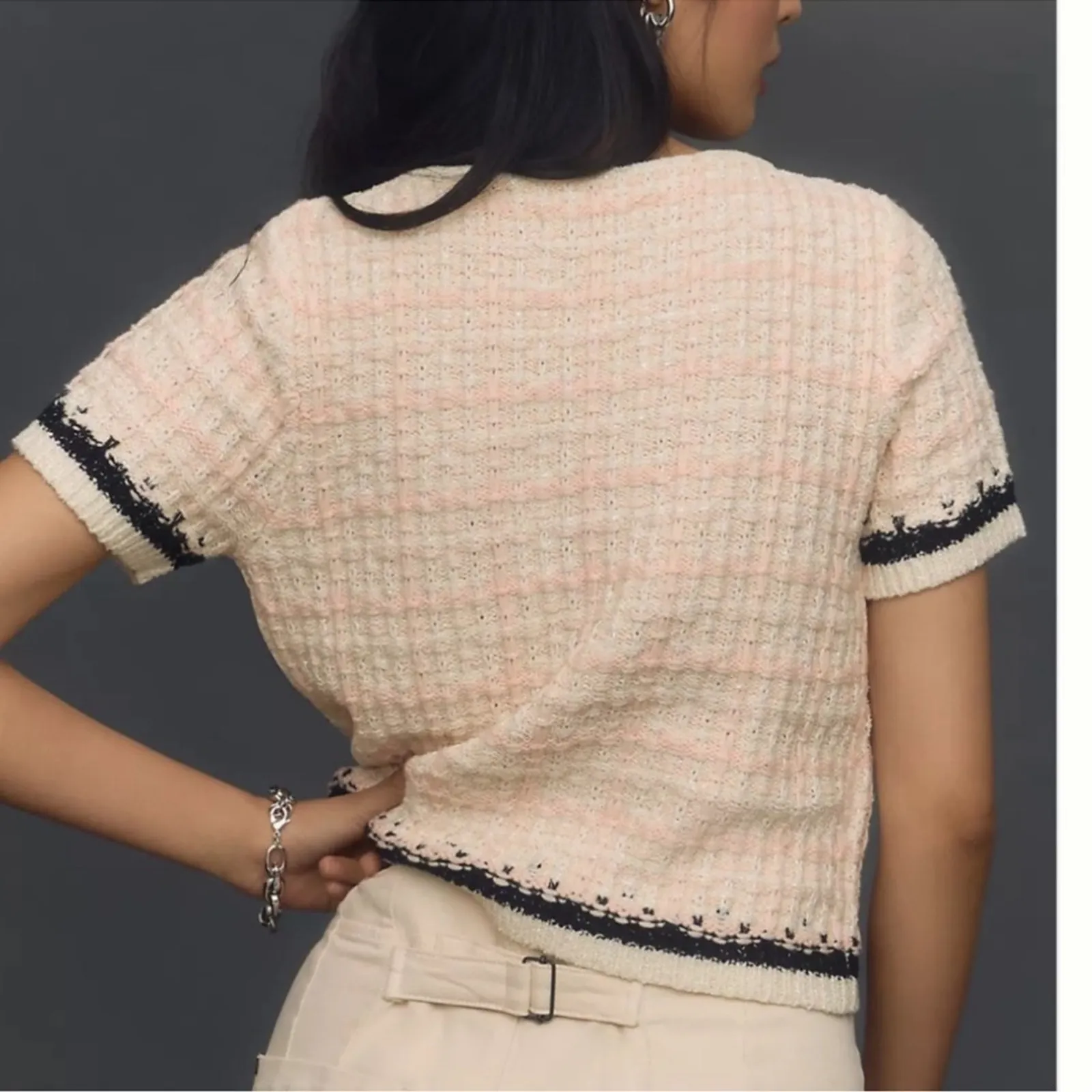 Anthropologie Tweed Sweater Tee Pink Soft Girl Short Sleeve Quiet Luxury Preppy - Image 2