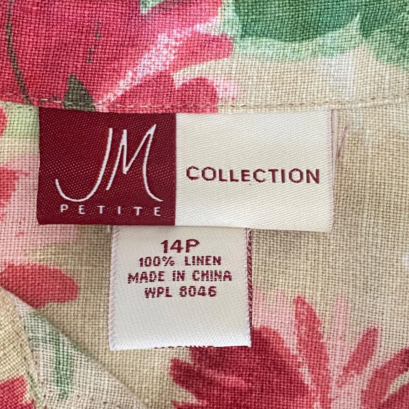 JM Collection Womens Size 14P 100% Linen Floral Beige Button Up Shirt 3/4 Sleeve - Image 6