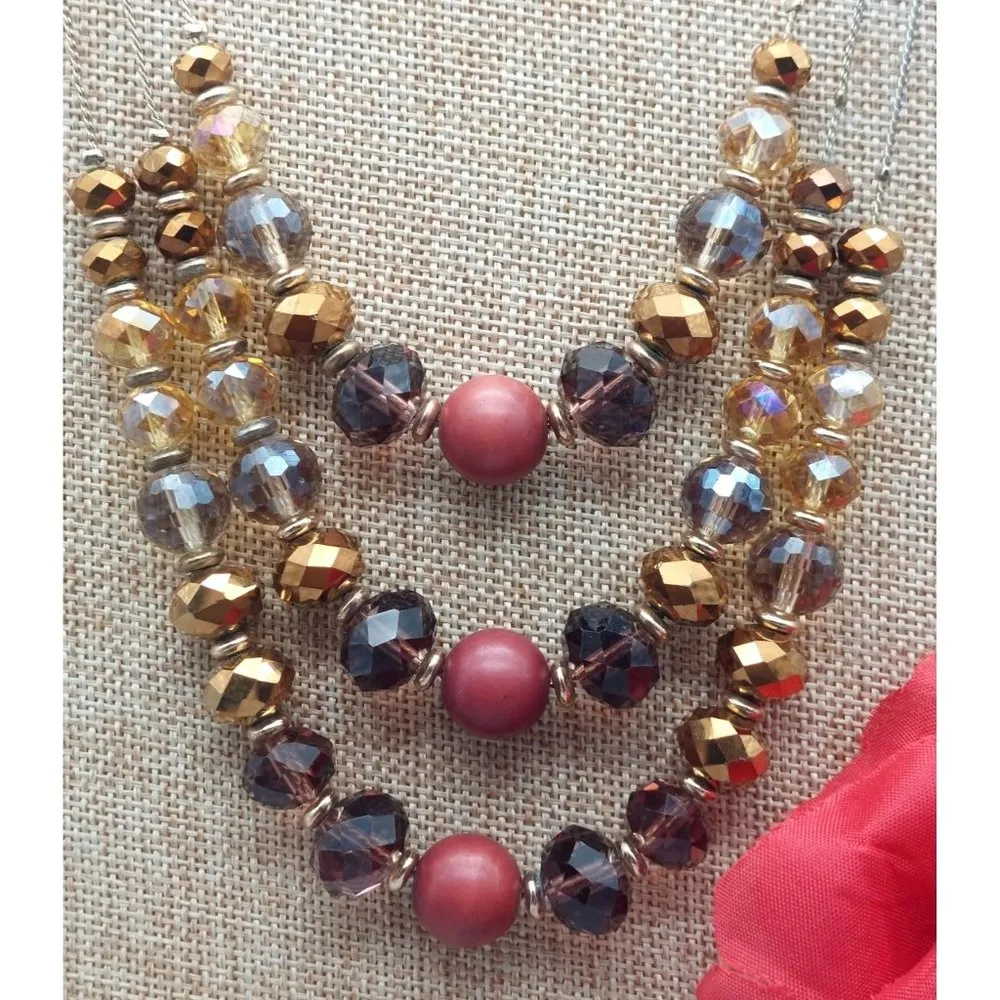 The Limited Gold Tone Faceted Brown Amber Glass Bead Multi 3 Strand Necklace 20" - Image 3