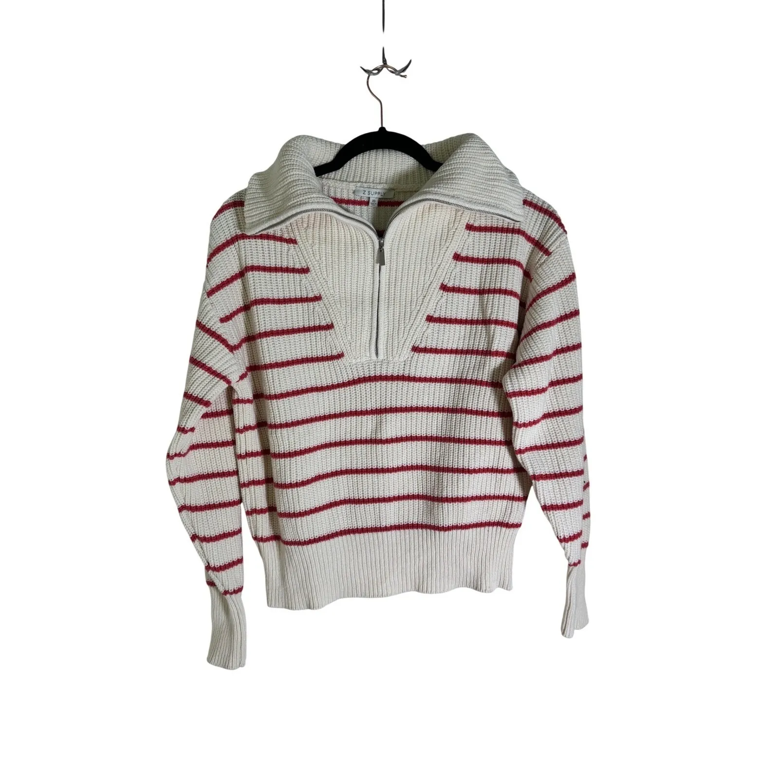 Z Supply Striped Quarter Zip Sweater Cream Red Ribbed Collar Knit XS - Image 3
